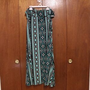 Blue Black & White Tribal Boho Skirt w/ Fold-Over Waistband